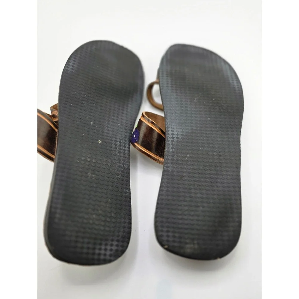 Vintage Handmade Leather Sandals Floral Toe Ring Slides Women's Size 8